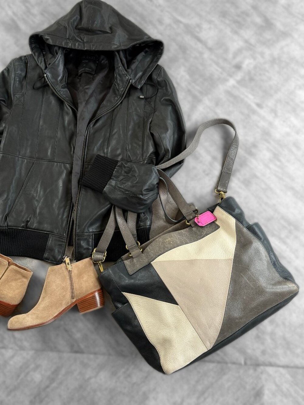 Fossil Amanda Patchwork Colorblock Leather Tote Bag Black Gray Purse
